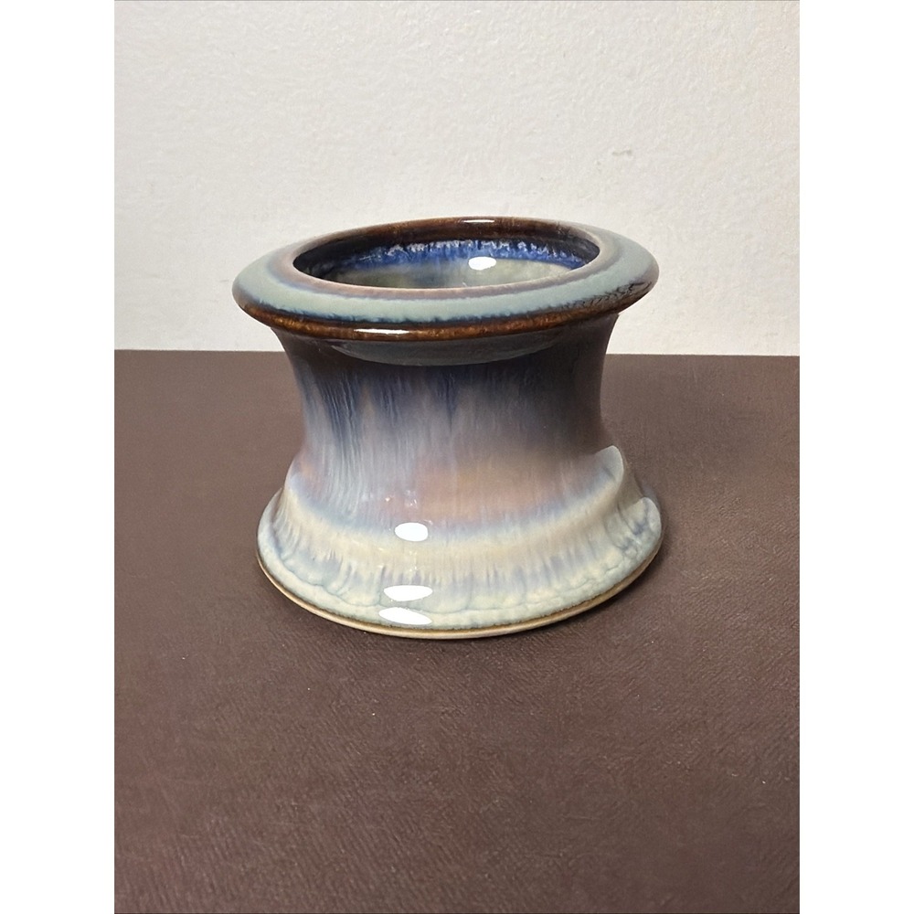Bill Campbell Art Pottery Votive Candle Holder‎ Blue Brown Drip Glaze Signed